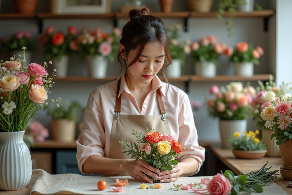 Fleuriste créant un bouquet de mariage dans la boutique