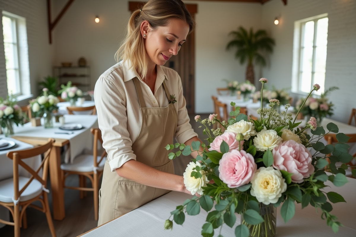 Fleuriste professionnelle arrangeant un centre de table floral