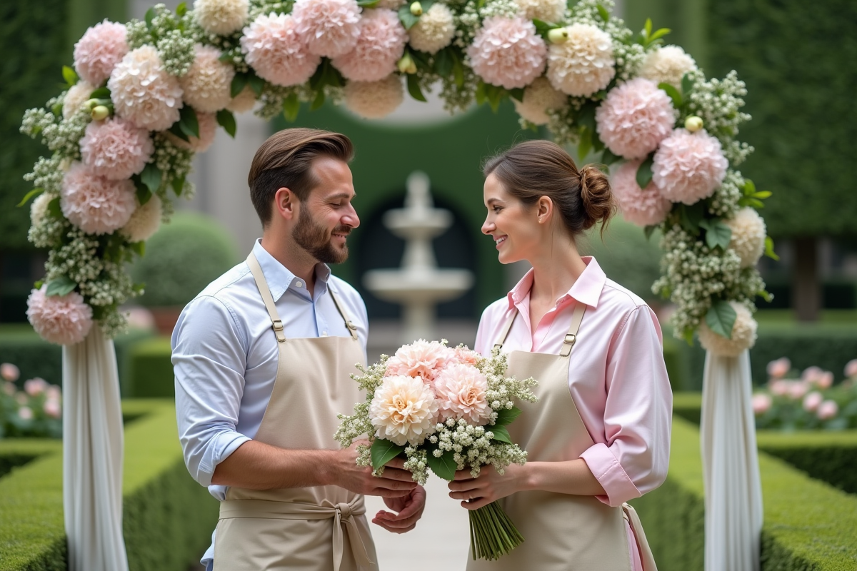 Deux fleuristes décorant une arche de mariage en jardin