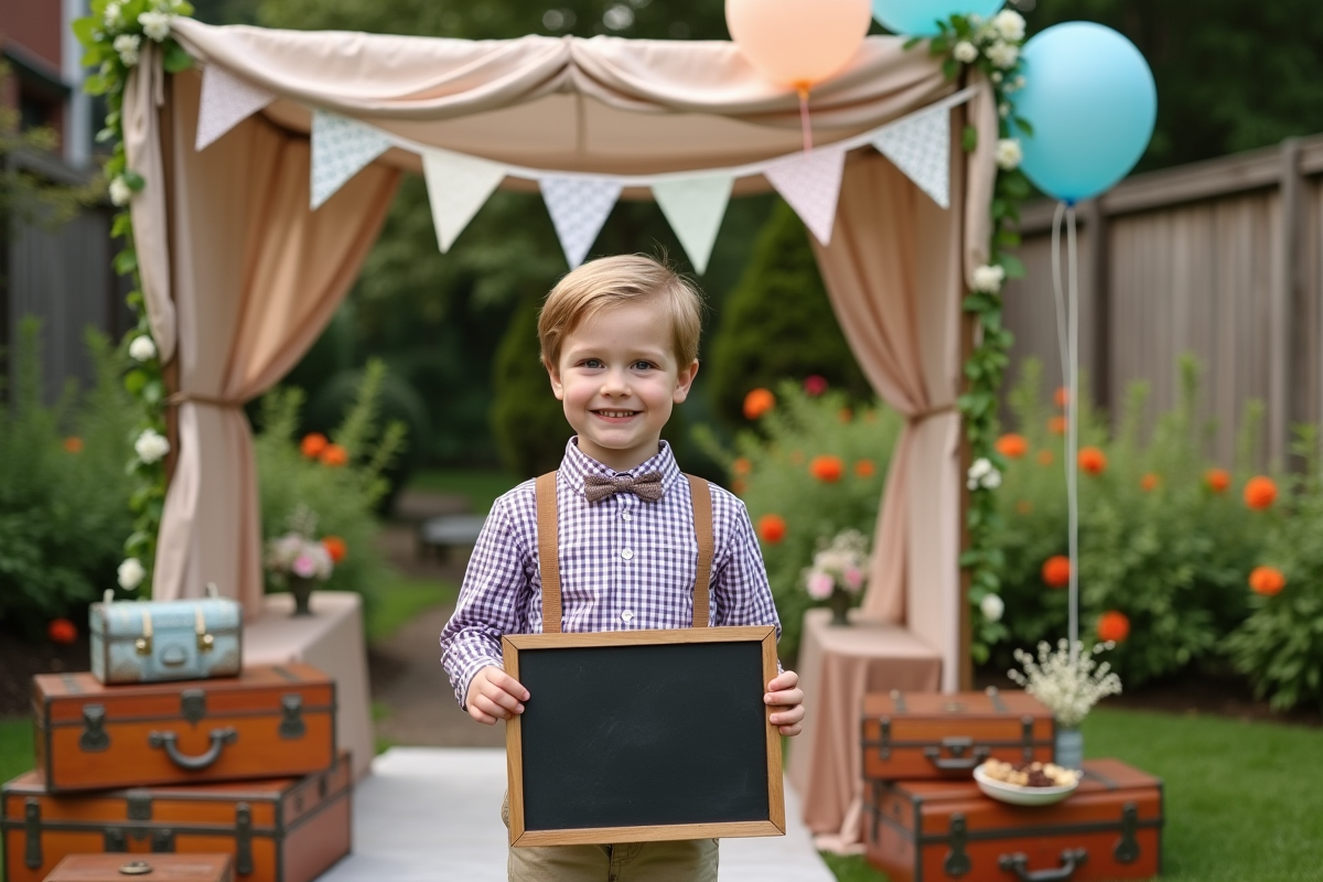 Jeune garçon souriant avec panneau dans un jardin