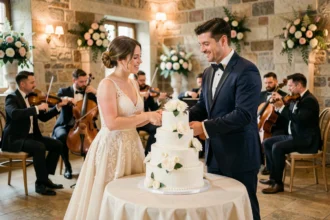 Couple de mariés coupant leur gâteau de mariage pendant que des musiciens jouent en arrière-plan dans une salle de réception élégante