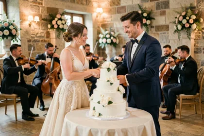 Couple de mariés coupant leur gâteau de mariage pendant que des musiciens jouent en arrière-plan dans une salle de réception élégante