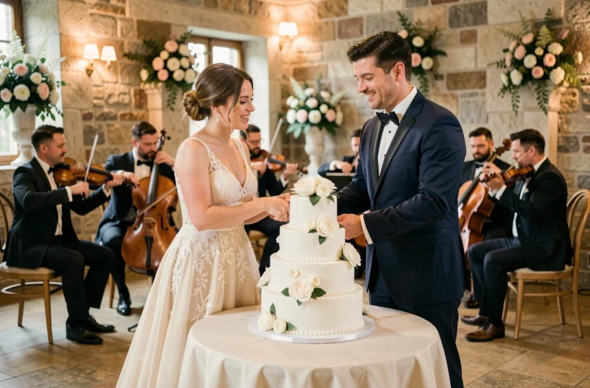 Couple de mariés coupant leur gâteau de mariage pendant que des musiciens jouent en arrière-plan dans une salle de réception élégante