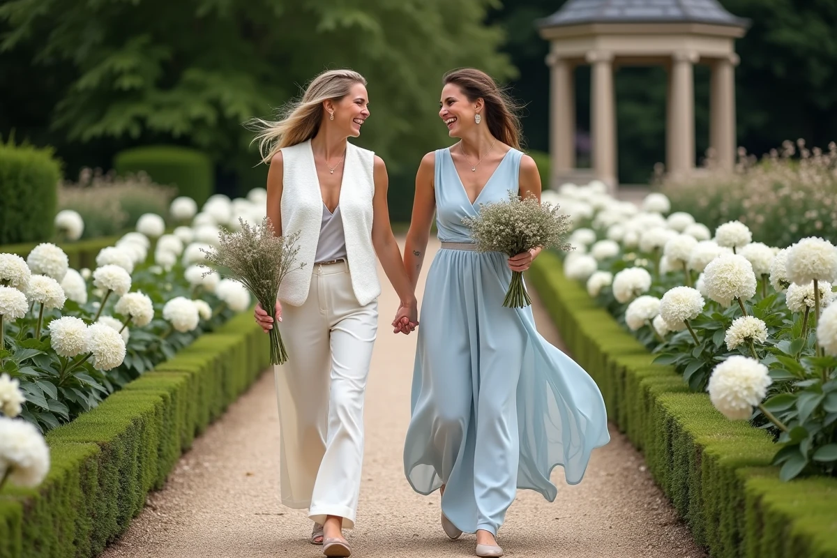 Deux invitées de mariage se promenant dans un jardin fleuri, l'une portant un gilet blanc en lin avec un pantalon ivoire