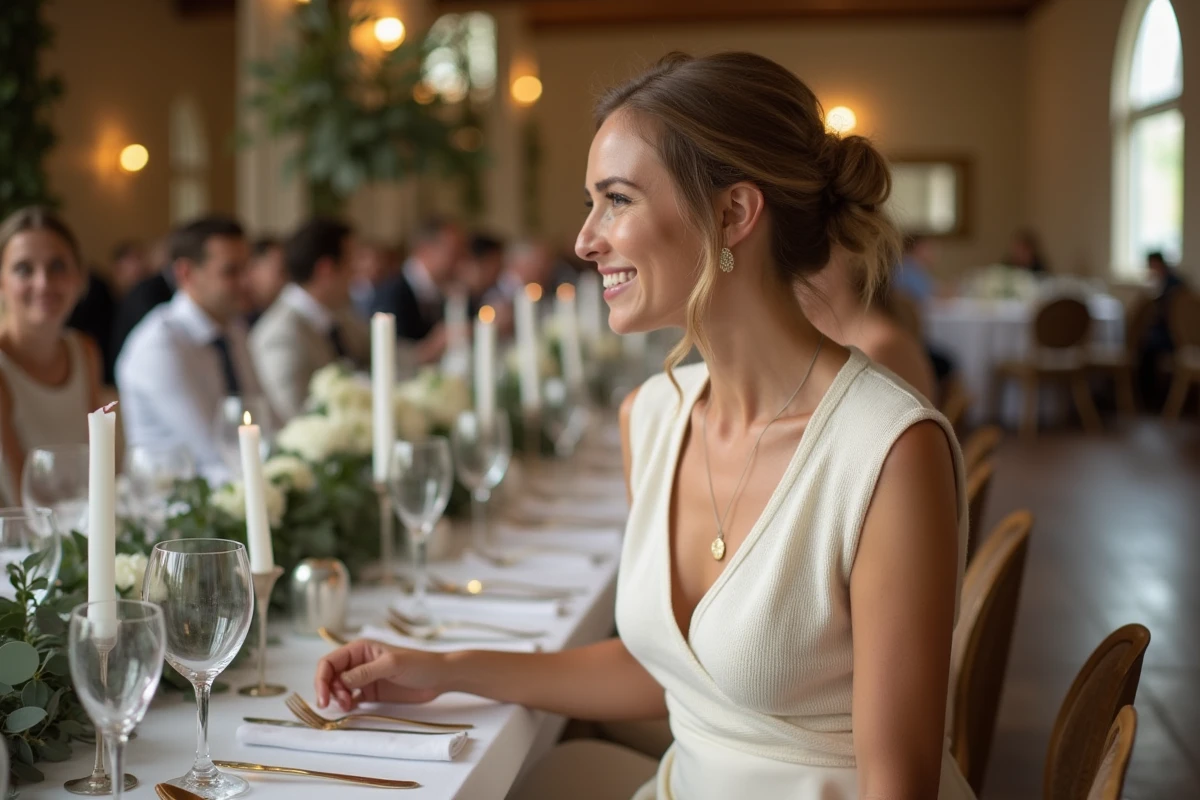 Femme invitée à un mariage en gilet blanc tricoté et robe satin assise à une table de réception décorée