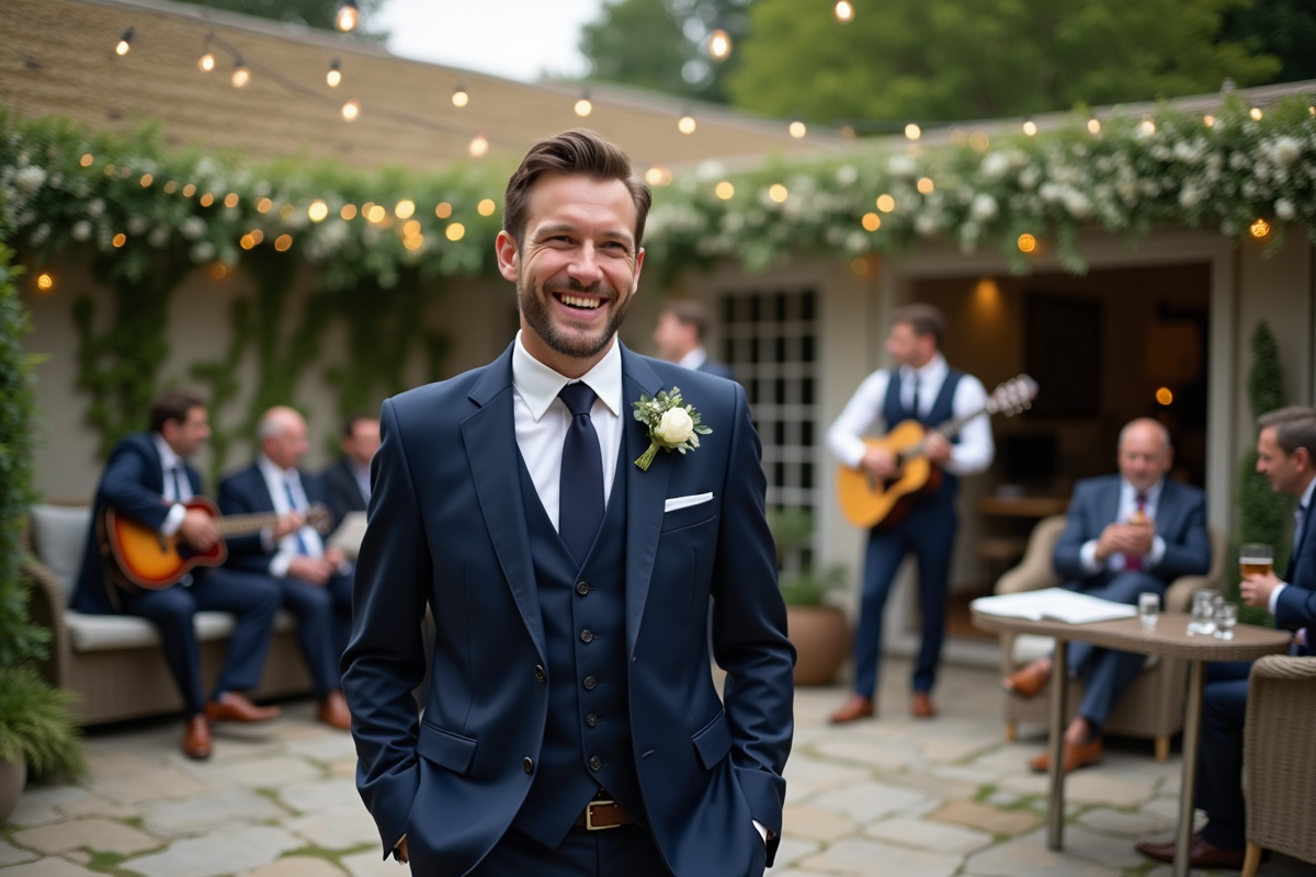 Groom en costume souriant avec amis sur terrasse en fête