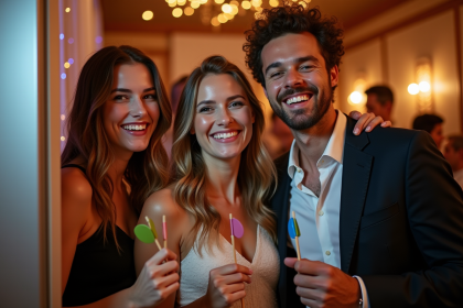 Groupe d'amis riant devant un photobooth lors d'une fête