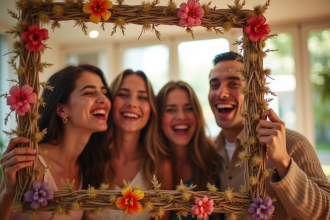 Groupe d'amis souriants derrière un photobooth décoré de fleurs