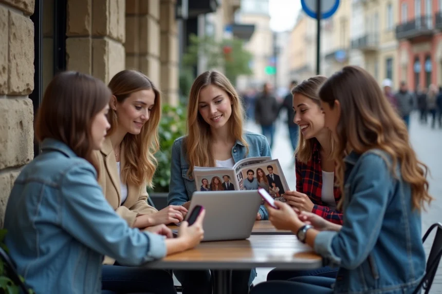 Groupe de personnes au café analysant une vedette TV