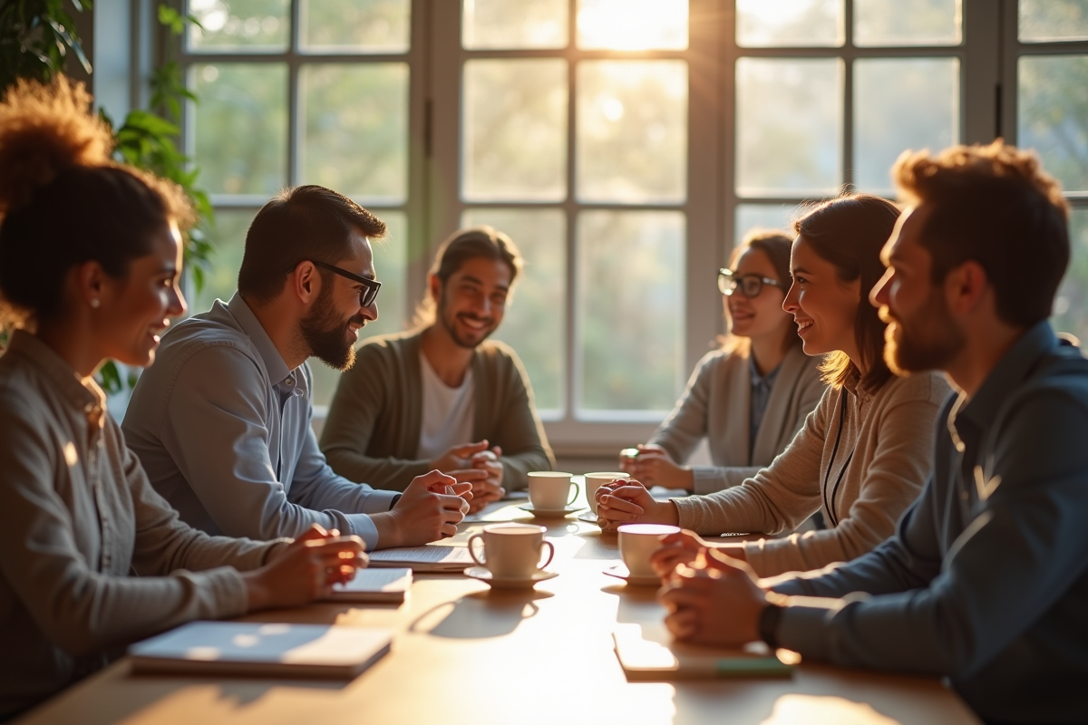 Groupe de personnes diverses en discussion autour d une table