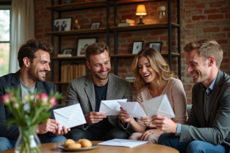 Groupe d'adultes ouvrant des enveloppes élégantes dans un salon cosy