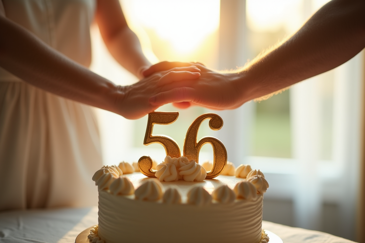 Gâteau d anniversaire avec le chiffre 56 et mains d un couple
