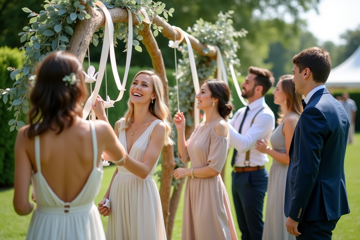 Invites attachant notes et grues en papier lors du mariage