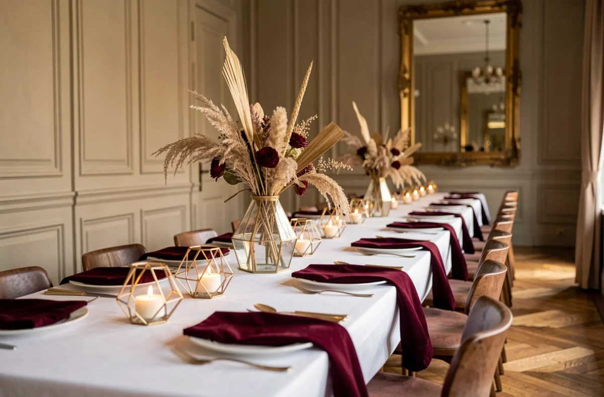 Table de réception de mariage élégante à Lyon avec des bougeoirs dorés géométriques, des nappes en velours bordeaux et des centres de table en fleurs séchées
