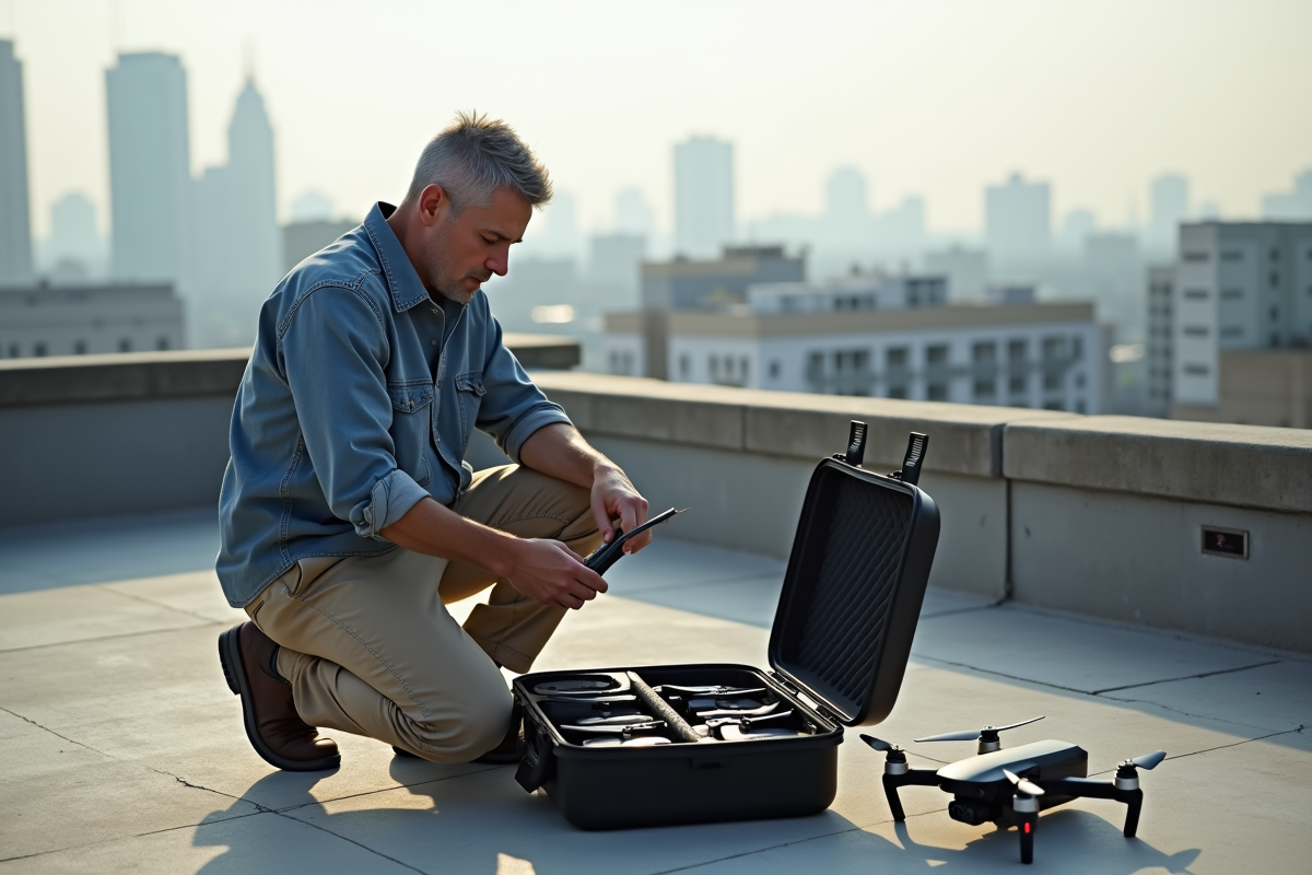 Homme assemble drone sur un toit urbain