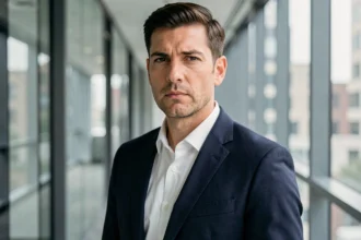 Homme en costume marine dans un couloir de bureau moderne, expression réservée et discrète, illustrant le refus de commenter sa vie personnelle
