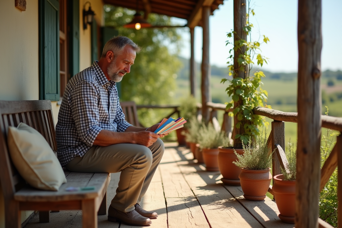 Homme arrangeant des echantillons de couleurs sur la terrasse