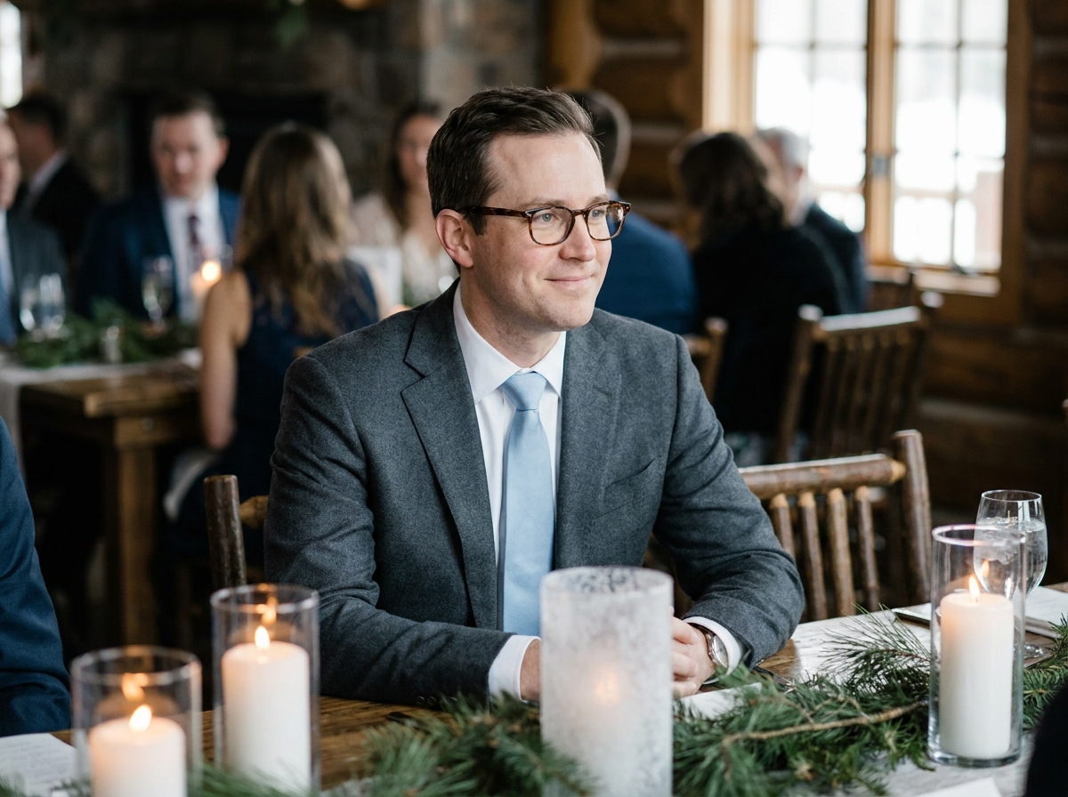 Homme invité à un mariage d'hiver portant des lunettes rectangulaires en écaille de tortue avec un costume en laine gris anthracite
