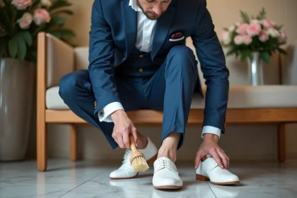 Homme en costume bleu nettoyant ses chaussures élégantes