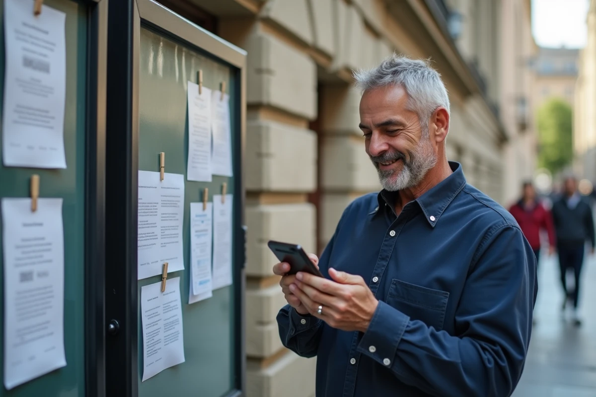 Homme regardant panneau d affichage en ville