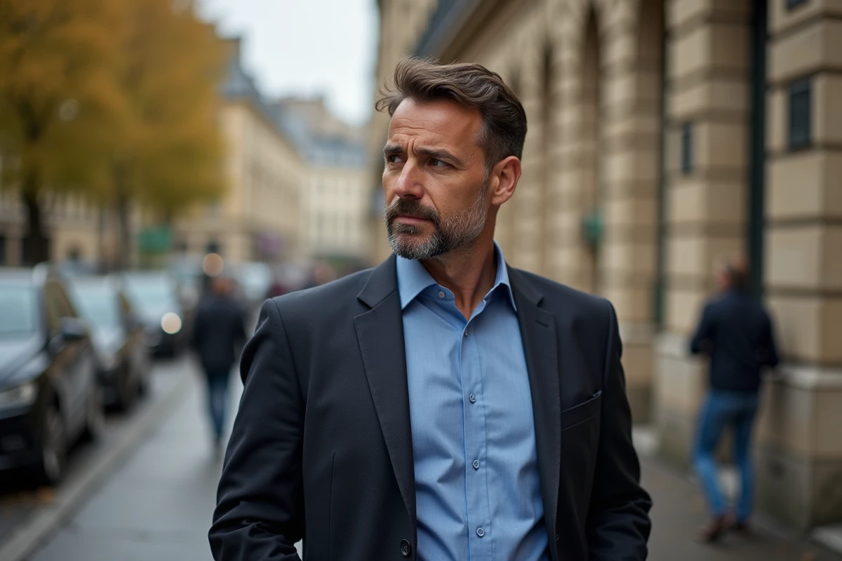 Homme d age moyen en rue parisienne contemplatif