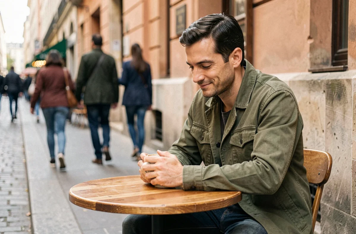 Homme pensif assis seul en terrasse de café parisien, tenant un café, symbolisant la protection de sa vie privée et de sa relation amoureuse