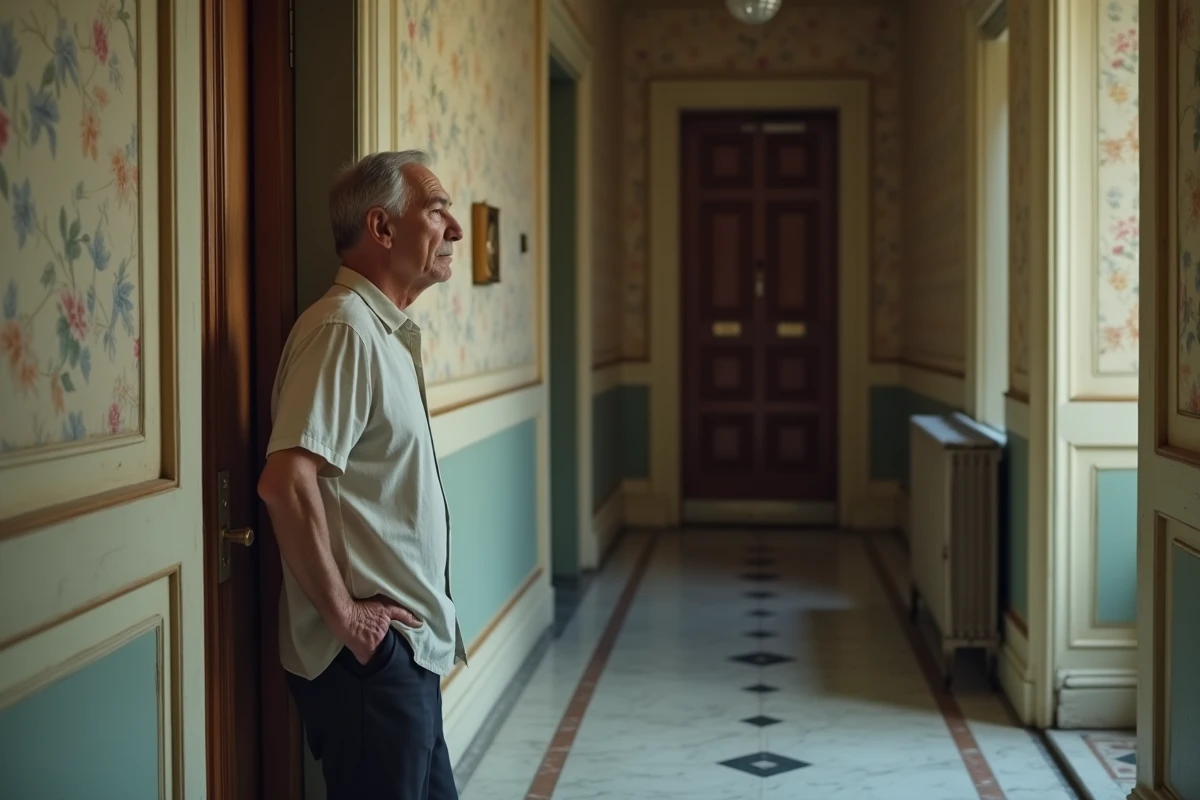 Homme âgé seul dans le couloir d'un immeuble parisien regardant la porte fermée de son voisin, symbolisant l'isolement social et le besoin de lien humain