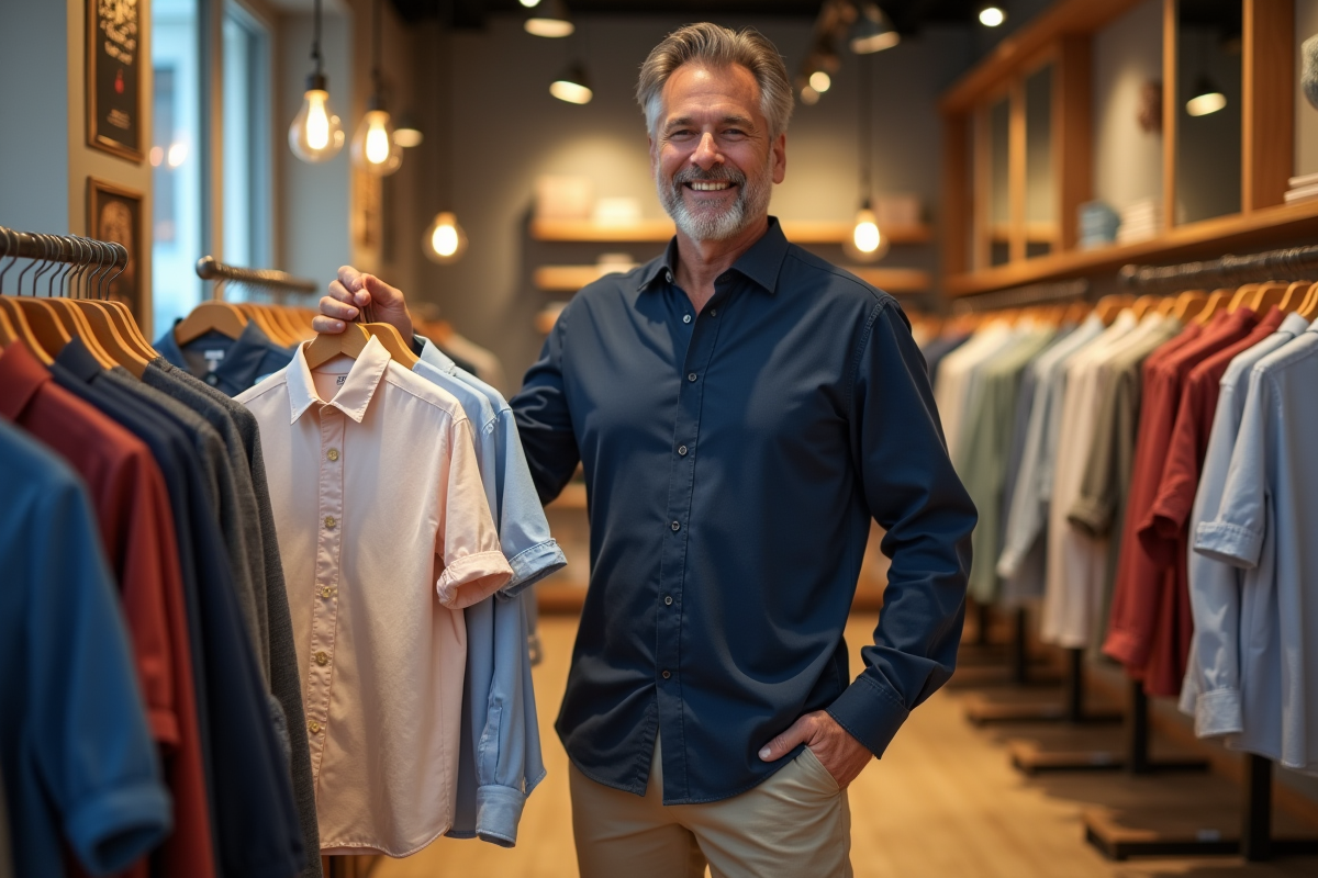Homme souriant tenant des chemises pastel dans une boutique de mode urbaine