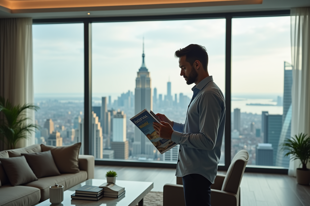 Homme vérifiant ses brochures de voyage devant une fenêtre urbaine