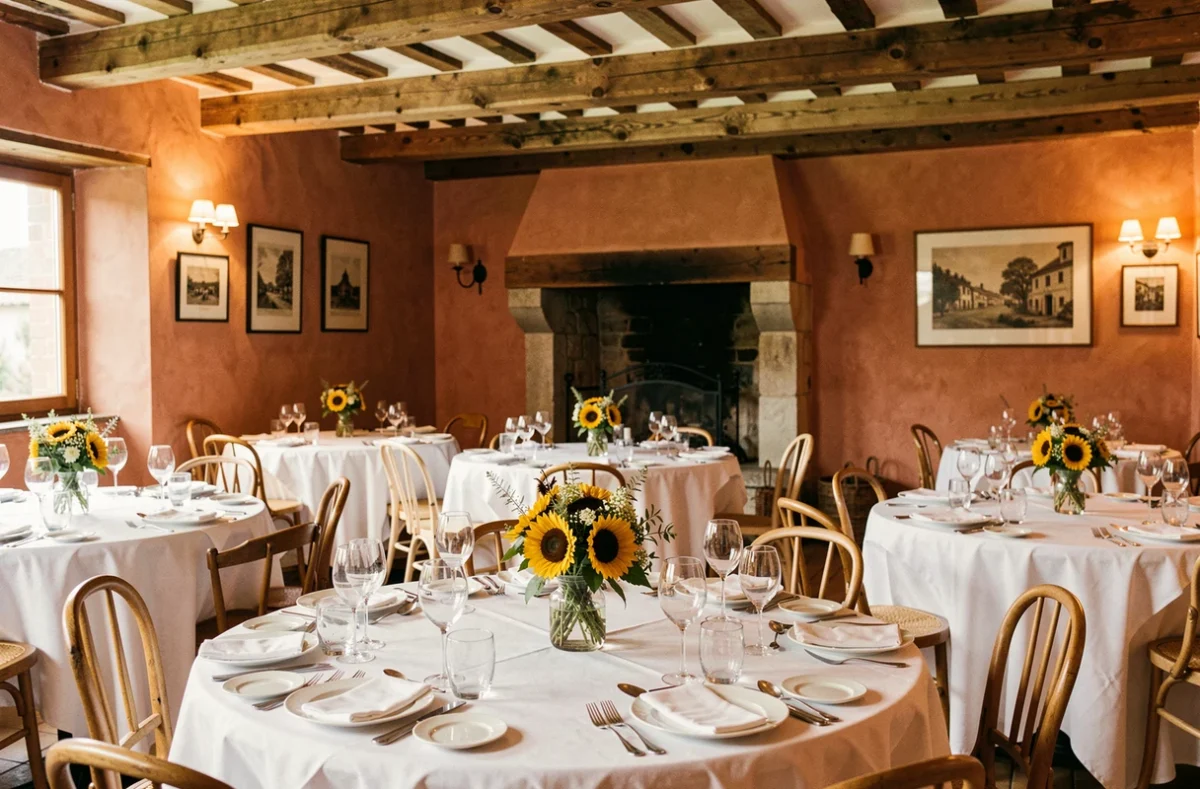 Salle de réception de mariage de l'Hôtel Restaurant La Haie des Vignes décorée avec art de la table rustique-chic