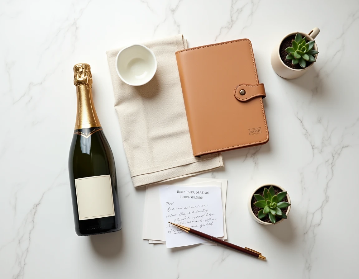 Sélection de cadeaux de PACS élégants et originaux présentés en flat lay sur marbre blanc