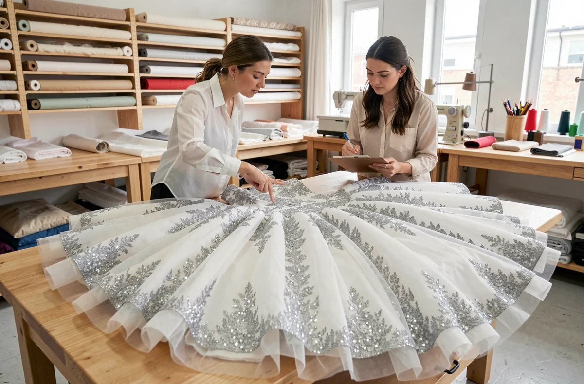 Deux femmes inspectant les détails d'une robe de mariée princesse bouffante à paillettes avant validation de commande