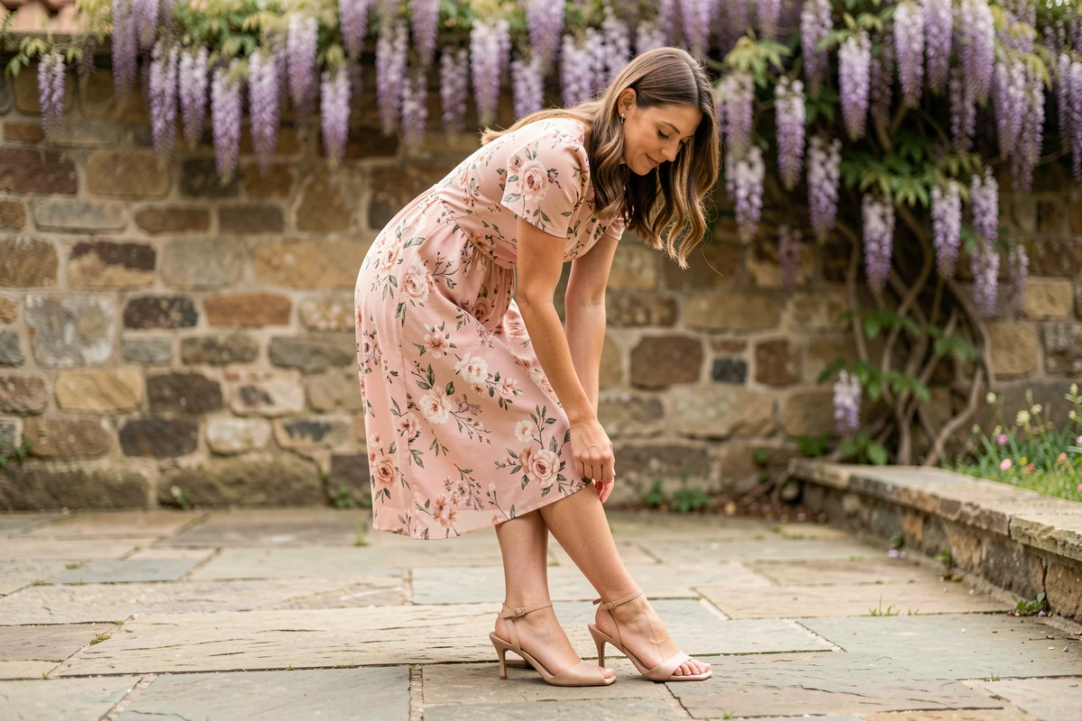 Invitée de mariage enfilant une mule à kitten heel nude sur une terrasse en pierre fleurie