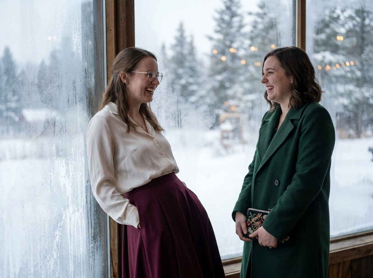 Deux invitées souriantes à un mariage d'hiver, l'une portant des lunettes rondes à monture fine métallique, devant une fenêtre givrée