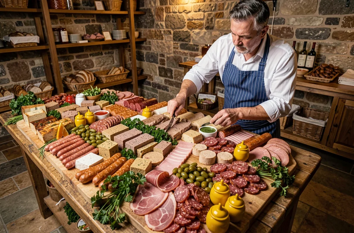 Spécialiste de Jauss Boucherie-Charcuterie-Traiteur arrangeant un grand plateau de charcuteries artisanales et terrines pour un mariage dans un espace rustique