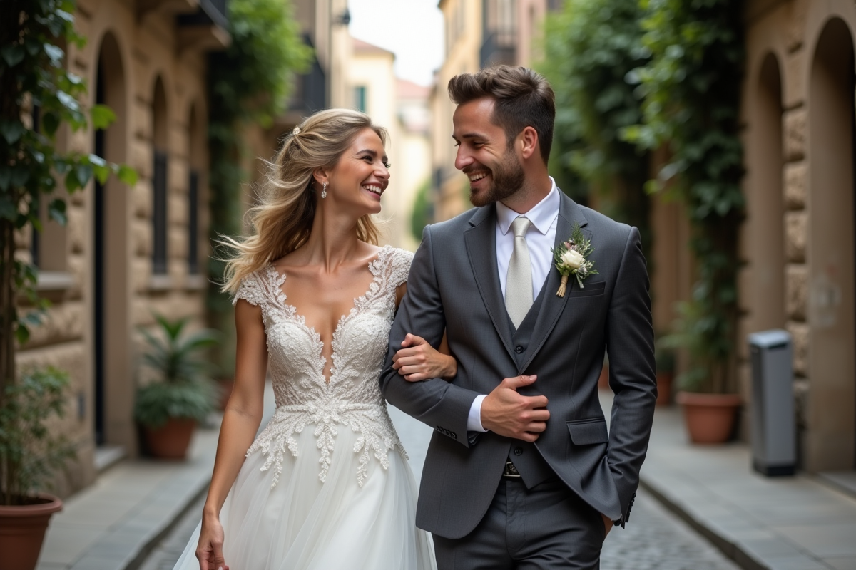 Jeune couple de mariés souriant dans une rue pavée