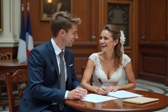 Jeune couple riant lors de la signature de mariage en mairie