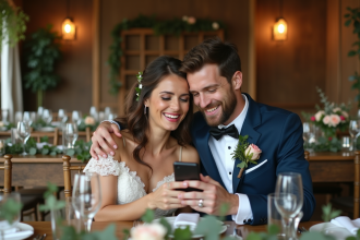 Jeune couple marié souriant avec smartphone lors de leur réception