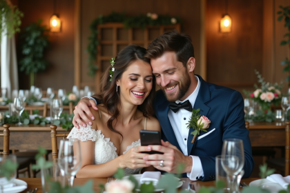 Jeune couple marié souriant avec smartphone lors de leur réception