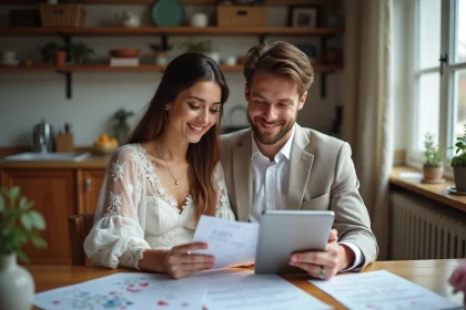 Jeune couple en mariage discutant de plans dans la cuisine