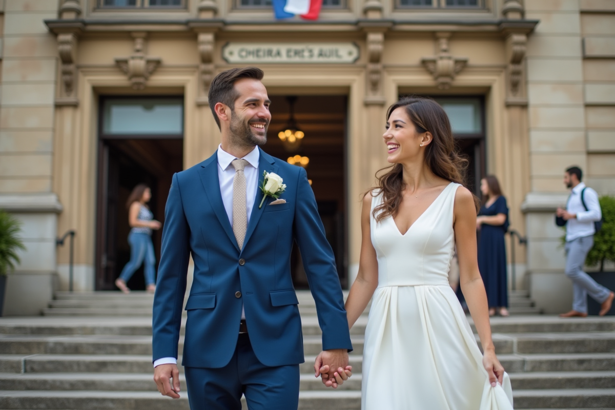 Jeune couple souriant après leur mariage civil devant la mairie