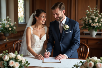 Jeune couple signant un certificat de mariage en salle lumineuse