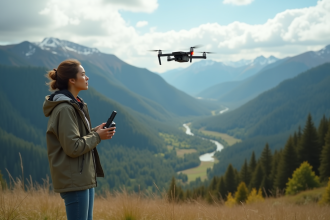 Jeune femme avec drone sur une colline verdoyante