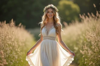Jeune femme en robe de mariage bohème dans un jardin ensoleille