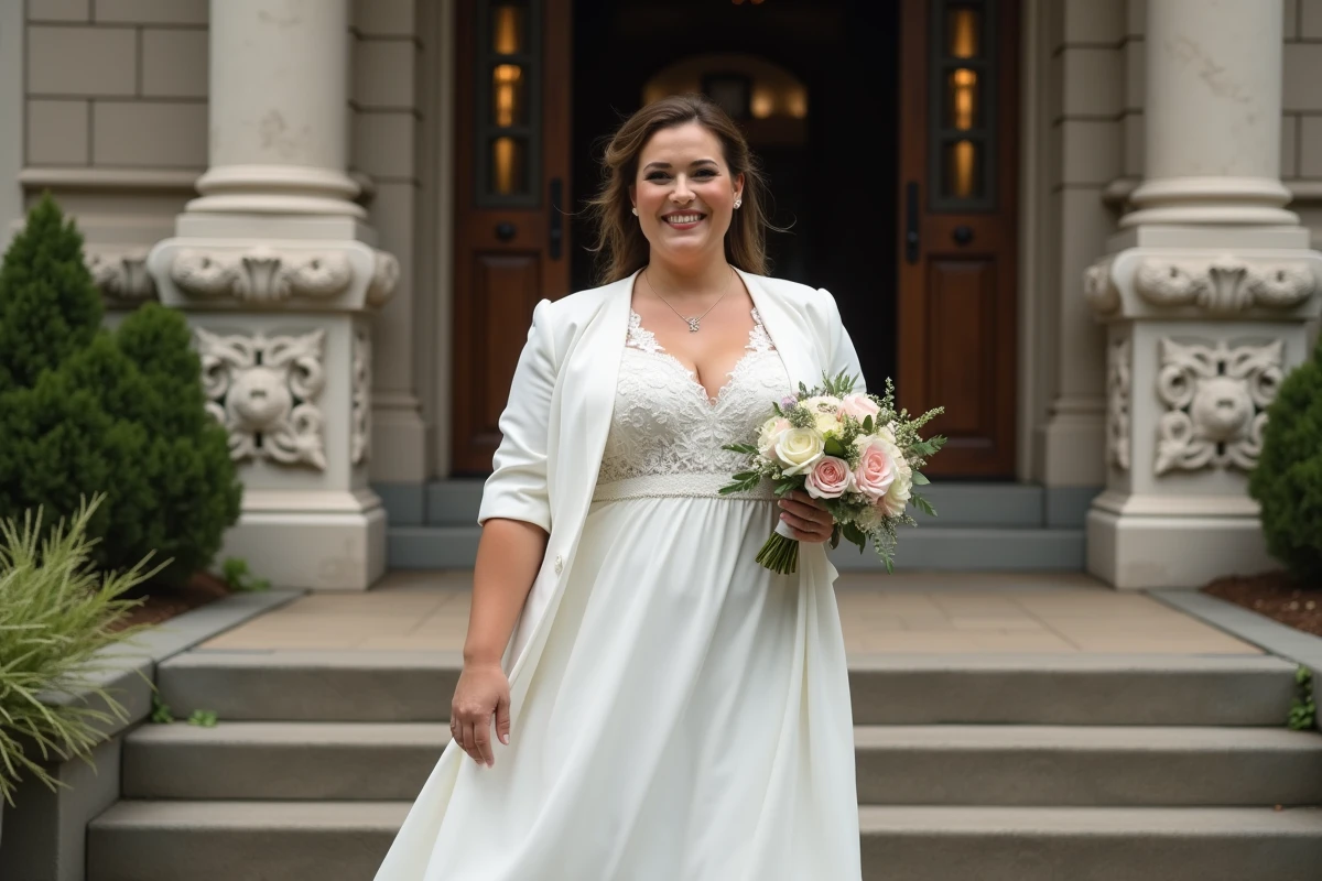 Femme ronde en robe de mariée avec bouquet devant le courthous