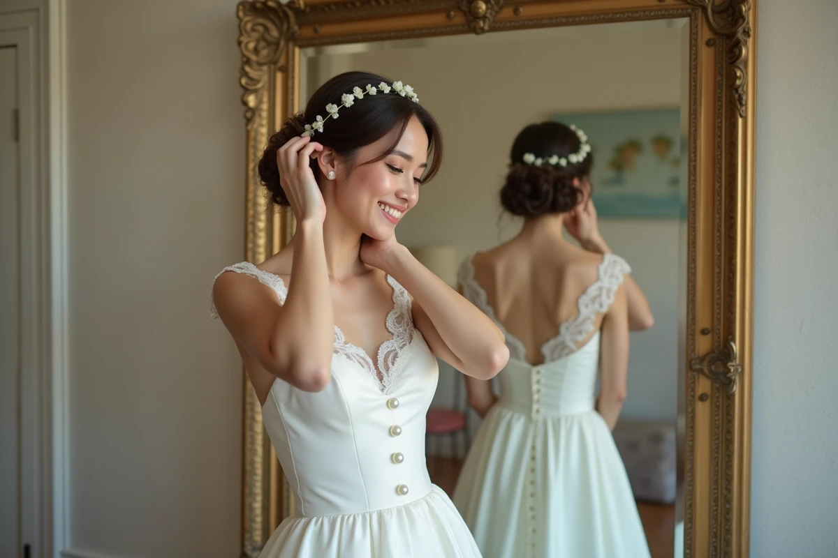 Jeune femme en robe de mariée ajustant une couronne florale