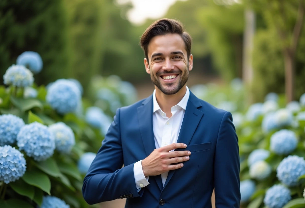 Jeune homme en costume ajustant sa veste dans un jardin lors d