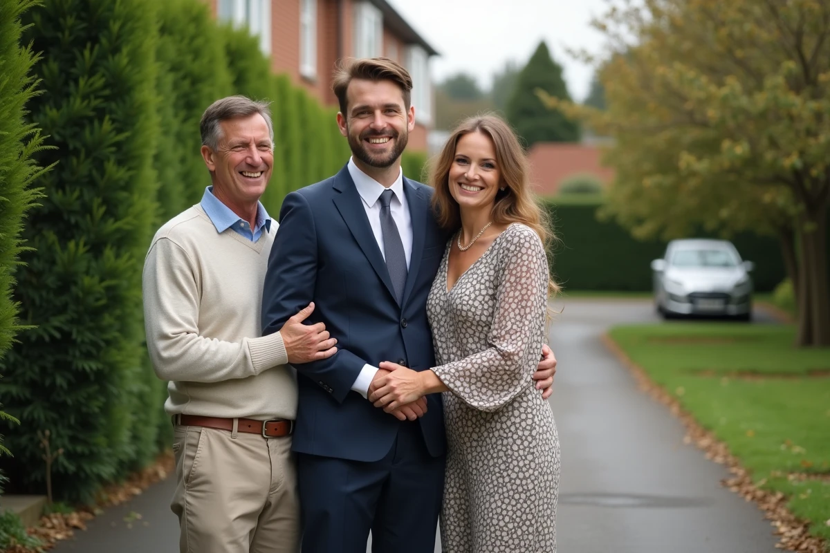 Jeune marié embrassant ses parents devant la maison