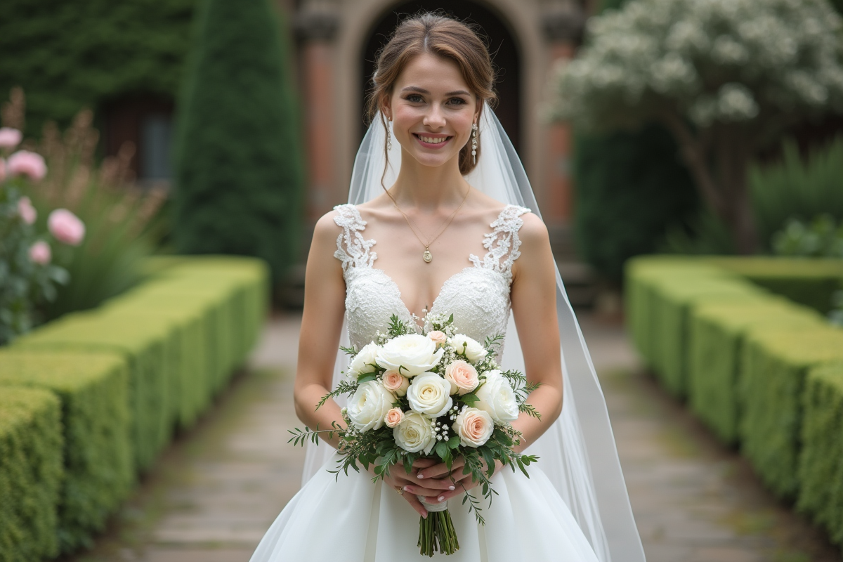Jeune mariée souriante avec bouquet de fleurs blanches