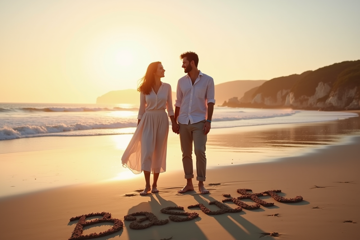 Jeune couple marié écrivant leur nom dans le sable au coucher du soleil